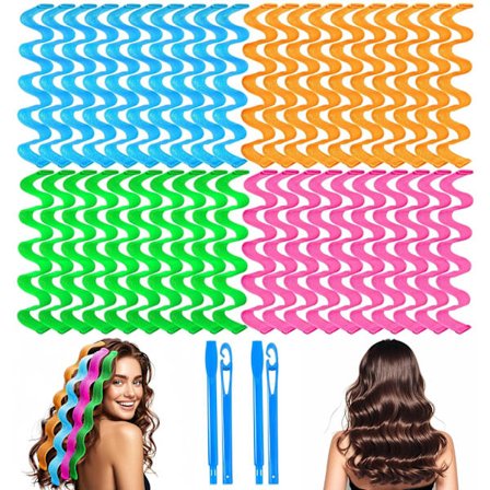 42-delt sæt med varmefrie hårruller, bølgede krøller uden varme til langt/mellemlangt/kort hår - inkluderer 2 stylingkroge og 4 farvemuligheder (45 cm