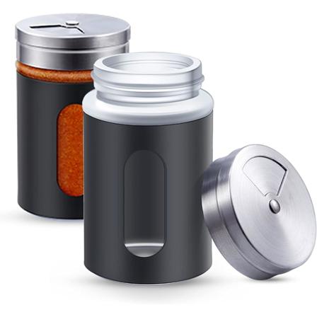 Svart sett med 2 80 ml rustfrie stål krydderglass - Med innsyn i glasset og 3 dryssmoduser