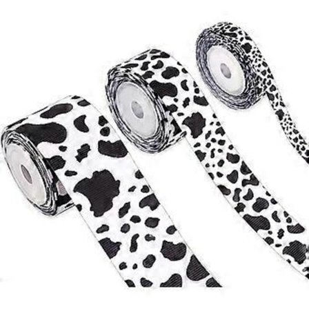 3 ruller 15 yards/ 13,5 m Ko-print polyesterbånd, sort og hvidt indpakningsbånd med dyreprint