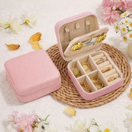 Resesmyckeskrin, kompakt och portabel smyckesask, ring-, örhänge- och halsbandshållare - Rosa