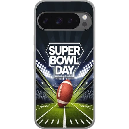 Yhteensopiva Puhelinkuori Google Pixel 9 Pro XL Super Bowl Day juliste, jossa amerikkalainen jalkapallo valaistuksella varustetulla areenalla dramaatt