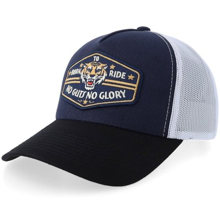 Born To Ride - No Guts No Glory Tiger Navy/White/Black A-frame Trucker Trucker Blue Cap - @ Hatstore