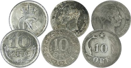 Danmark - 3 forskellige - 10 øre sølvmønter