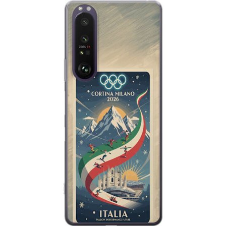 Yhteensopiva Puhelinkuori Sony Xperia 1 III Mäkihyppykuvitus, jossa hiihtäjä tähtää kiväärillä lumisella radalla, teksti Milano Cortina 2026 ja olympi