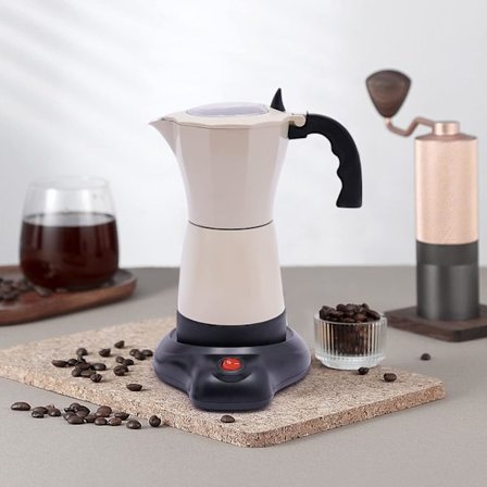 300 ml elektrisk espressokoker med base for 6 espressokopper 480W aluminiumslegering 360° roterende base for kontor og hjem (beige)