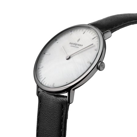 Nordgreen - Minimalistyczny Zegarek Damski w Skandynawskim Stylu - Perłowobiała Tarcza - Pasek ze skóry wegańskiej Czarny