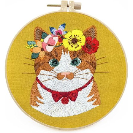 Broderikit for voksne nybegynnere - Gul med stoff med kattdesign