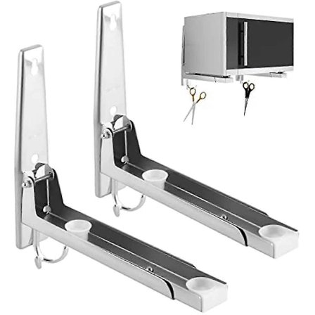 Mikrobølgeovnholder i rustfritt stål, veggmontert hylle, mikrobølgeovnholder med kroker og teleskoparmer for mikrobølgeovn, sammenleggbar 