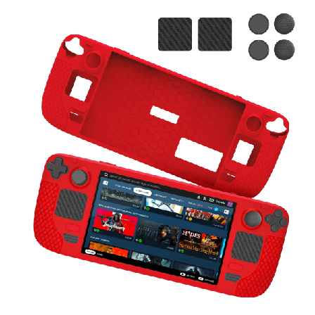Mykt silikonbeskyttende deksel kompatibelt med Steam Deck, med 4 tommelfingerhetter og 2 beskyttelsesdekaler red