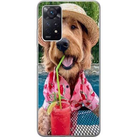 Kompatibelt Mobildeksel til Xiaomi Redmi Note 11 Pro 5G Sommerhund drikke motiv med glad hund i hatt og rosa skjorte som drikker en smoothie ved basse