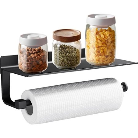 Itsekiinnittyvä keittiöpyyheteline (musta), 33 cm:n keittiöpyyheteline hyllyllä, ei porausta, keittiötarvikkeet