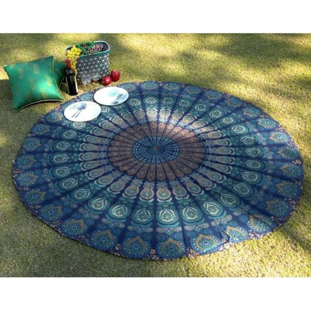 Cirkulär gobeläng - påfågel mandala rund bordsduk strandfilt