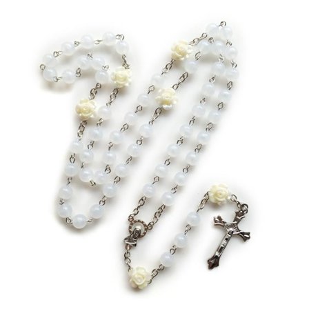8mm Rosenkrans Pärlor Blomma Självlysande Halsband med Jesus för Kors Hängsmycke Halsband