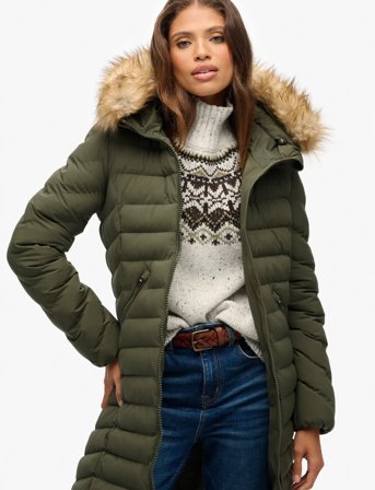 Superdry Fuji Faux Fur Hooded Longline - Green - M
