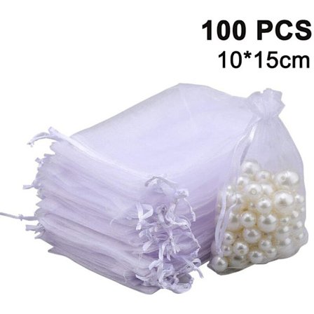 100 stk gjennomsiktige smykkeposer med snøring, bryllup, julefest, gaveposer, gavepose med snøring, hvit