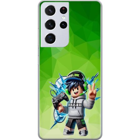 Kompatibelt Mobildeksel til Samsung Galaxy S21 Ultra 5G Roblox-inspirert gamerfigur med headset, håndkontroll og energiske effekter mot grønn bakgru