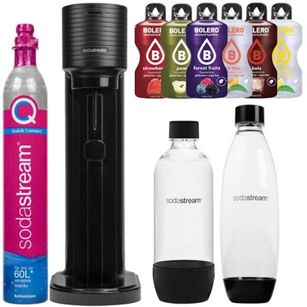 Saturator kolsyrat vatten - Sodastream - Gaia Svart - 2 flaskor 1L - 6 Bolero drycker - QuickConnect patron