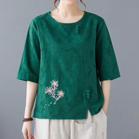 Broderi T-shirt För Kvinnor Med Rund Hals T-shirt