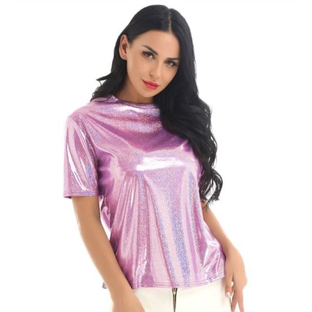 Dam T-shirts Metallic Top Crewneck glänsande T-shirts