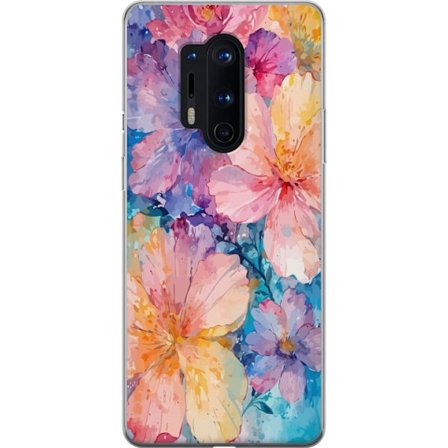 Yhteensopiva Puhelinkuori OnePlus OnePlus 8 Pro Vesivärimaalaus suurilla kukilla vaaleanpunaisissa, sinisissä ja keltaisissa sävyissä pehmeässä