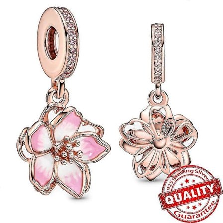 Funklende Pavé Trippelrække Perler Rosaguld Hjerter Medaljon Kirsebærblomst Dingle Charm Passer til Pandora 925 Sterling Sølv Armbånd (LGL)
