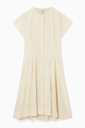 COS Women's Waisted Pleated Midi Dress in Beige