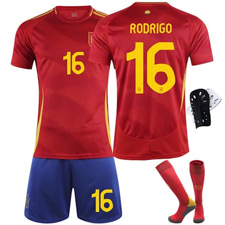 2024 Spania EM-trøye nr 9 Gavi 26 Pedri 7 Morata 16 Rodri fotballtrøye sett - nr 16 med strømper + beskyttelsesutstyr-WELLNESS 20(110-120cm)