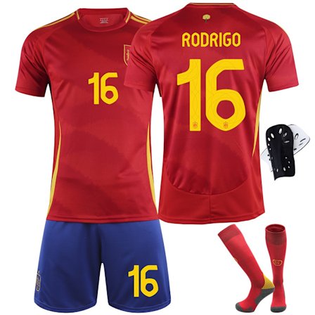 2024 Spanien EM-trøje nr 9 Gavi 26 Pedri 7 Morata 16 Rodri fodboldtrøjesæt - nr 16 med strømper + beskyttelsesudstyr-WELLNESS