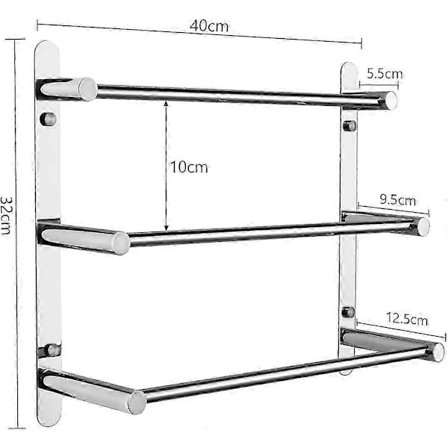 Pyyhekoukku, 304 ruostumattomasta teräksestä valmistettu pyyheteline 3 tangolla, 40 cm seinään kiinnitettävä kylpyhuoneen pyyhekoukku
