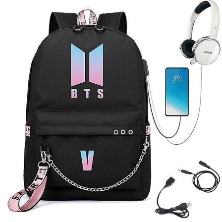 Bts (v) Chain Shoulder Cute Usb Charging School Bag-black