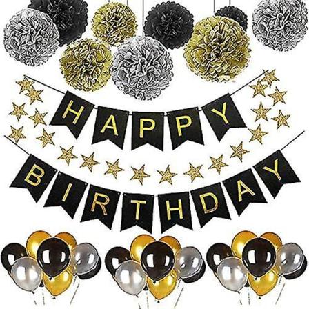 Wekity Gold Syntymäpäiväjuhlan Koristeet, Syntymäpäiväjuhlatarvikkeet Happy Birthday -kyltillä, Syntymäpäiväilmapalloilla, Silkkipaperipompomeilla Ja 