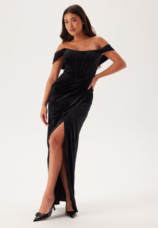 Goddiva Velvet Bardot Corset Maxi Dres Black Klær