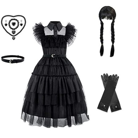 Wednesday Addams Cosplay Kjole til Piger med Blonde & Pufærmer 9-Dele[JUN]