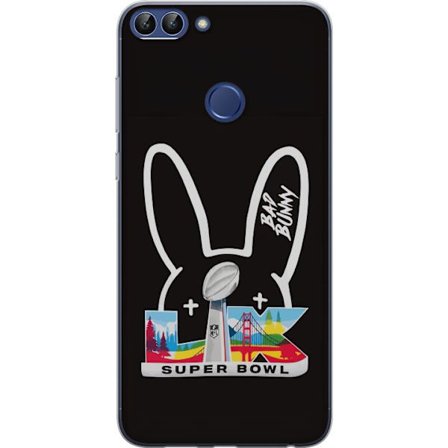 Yhteensopiva Puhelinkuori Huawei P smart Bad Bunny muotokuvassa avoimella paidalla, tatuoinneilla ja kiharaisilla hiuksilla tyylikkäässä muotikuvaukse