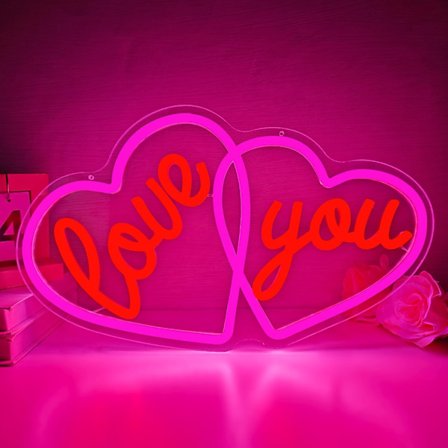 Dobbelte Hjerter Elsker Dig LED Neonskilte til Hjemmet, Valentinsdag Pink Neonlysskilt Vægkunst til Fest Soveværelsesdekoration, Gaver til Par