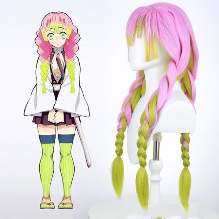 Kanroji Mitsuri Cosplay -peruukki, Anime Cosplay Kanroji Mitsuri, vihreä liukuvärjätty vaaleanpunainen palmikoitu peruukki tuplaponinhännillä, sopii 