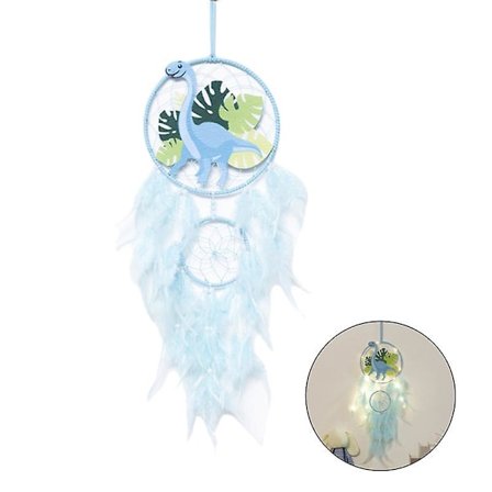 Dinosaur Drømmefanger Ornament Børn Faux LED Lys Fjer Drømmefanger Håndlavet Boligindretning Fødselsdag Blå