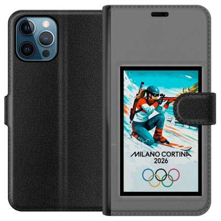 Kompatibelt Lommeboketui til Apple iPhone 12 Pro Max Retroplakat Cortina Milano 2026 med fjell, vintersportsutøvere, italienske trikolor, Milano-kated
