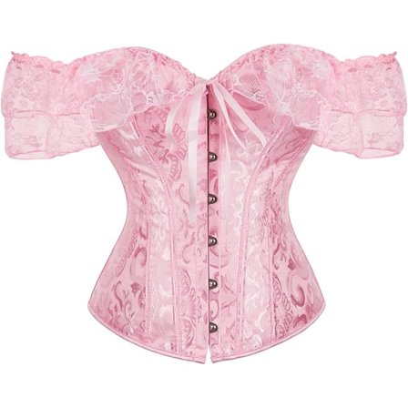 MMUO Kvinners Korsett Topp med Blonderm Erme Snøring Sexy Bustier Lingeri Midje Trener Kostyme Topper Rosa 5X-Stor