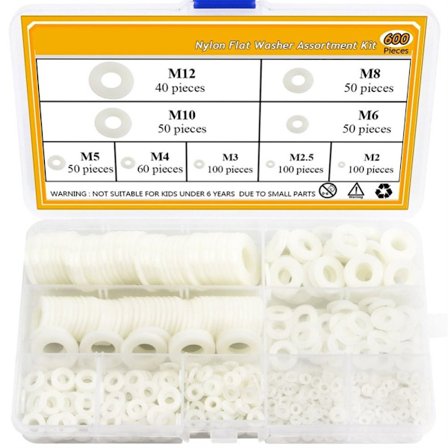 600 stk Nylonskiver Flatskive Sortimentsett Plastskiver
