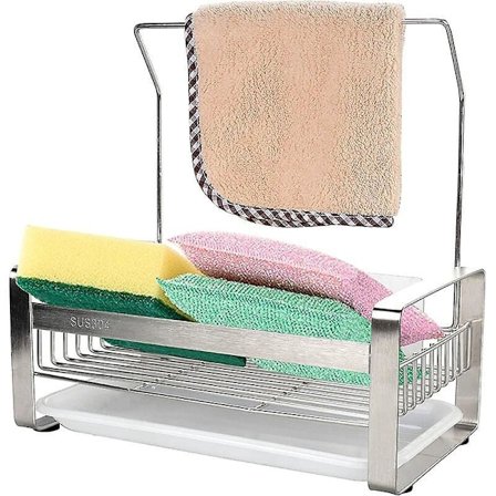 Køkkenvask Svampeholder, Selvklæbende Rustfrit Stål Køkkenvask Svampeopbevaring & Bordplade, Organizer til Opvaskebørste Viskestykke-Sølv, 24*14.