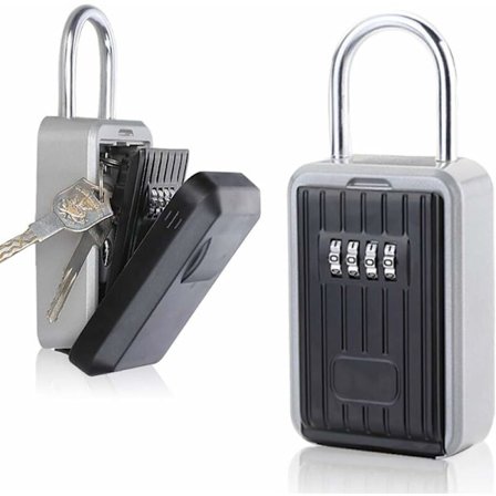 Nøkkelboks, veggmontert 4-nøkkelskap kombinasjonssifre safeboks rustfritt legering nøkkelboks sikker nøkkelboks med bøyle (med krok)-