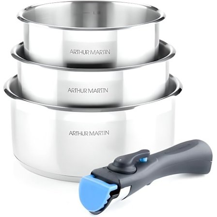 Set med 3 kastruller i rostfritt stål med avtagbara handtag Arthur Martin 5531