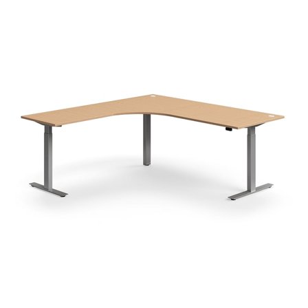Hjørneskrivebord, hev/senk, L2000 B2000 mm, sølv, bøk
