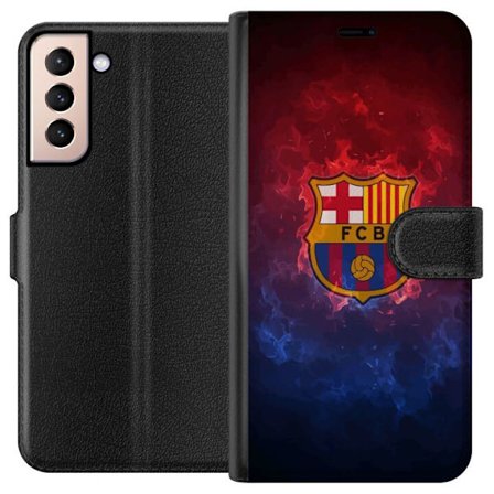 Kompatibelt Lommeboketui til Samsung Galaxy S21 FC Barcelonas klubbemblem i ild og røyk, dramatisk fotballillustrasjon for fans, sportsplakat og mobi