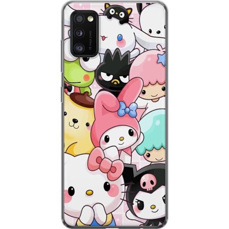 Kompatibelt Mobildeksel til Samsung Galaxy A41 Tett mønster av søte figurer med store øyne i ulike farger og uttrykk med LABUBU-tekst