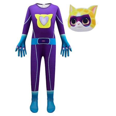 3-9 år Barn Super Kitties Cosplay Kostyme Katte Jumpsuit Maskeantrekk Halloween Party Fancy Dress Gaver-lilla
