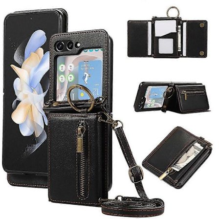 Kompatibel med Samsung Galaxy Z Flip7 5G Læder Bagside Etui Lynlås Pung Støtte Etui med Skulderrem - Perfekt Sort Black_max