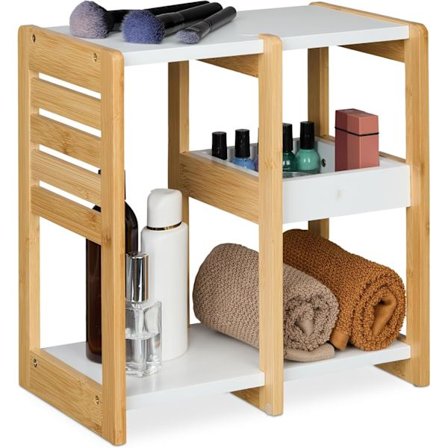 3-lags baderomshylle: 35x34x20cm, bambus/MDF, naturlig/hvit, for baderoms-/kjøkkenbenk