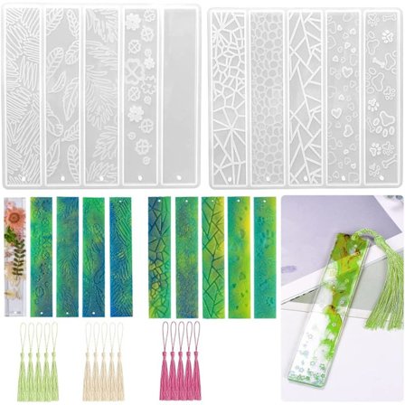 Sæt med 2 rektangulære epoxy resin forme med 10 forskellige bogmærke designs og 15 farverige bogmærke kvaster